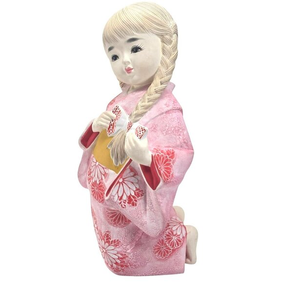 Ceramic Japanese Girl Figurine In Pink Kimono Floral Design Kneeling Pose JE369 - Picture 4 of 16